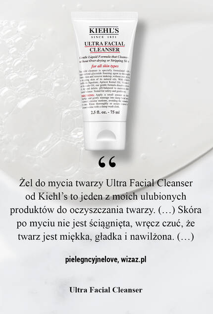 Кремообразно почистващо средство Kiehl's от серията Ultra Facial Cleanser с описание на продукта и положителен отзив.