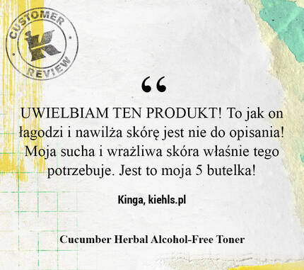 A customer review praising Kiehl's Cucumber Herbal Alcohol-Free Toner, highlighting its effectiveness and suitability for sensitive and dry skin.