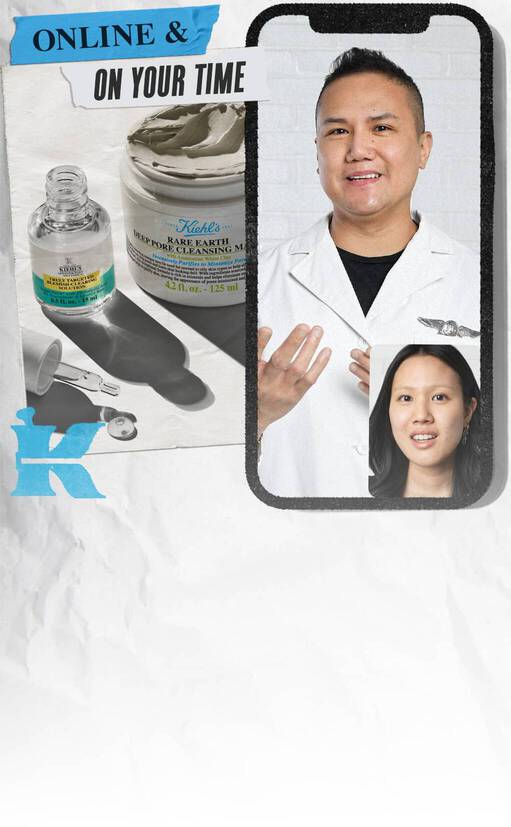 Kolaż z produktami marki Kiehl's, w tym słoiczkiem z maseczką oraz osobami w białych fartuchach, ktore uśmiechają się do kamery, ilustrujący możliwość konsultacji online.