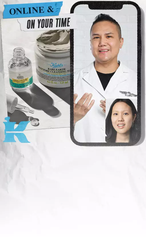 Kolaż z produktami marki Kiehl's, w tym słoiczkiem z maseczką oraz osobami w białych fartuchach, ktore uśmiechają się do kamery, ilustrujący możliwość konsultacji online.